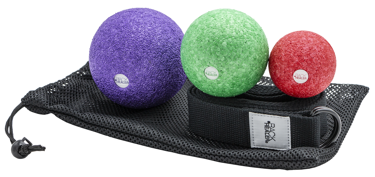 Backhealer acupressure ball set: three firm balls in purple, green and red with mesh carry bag