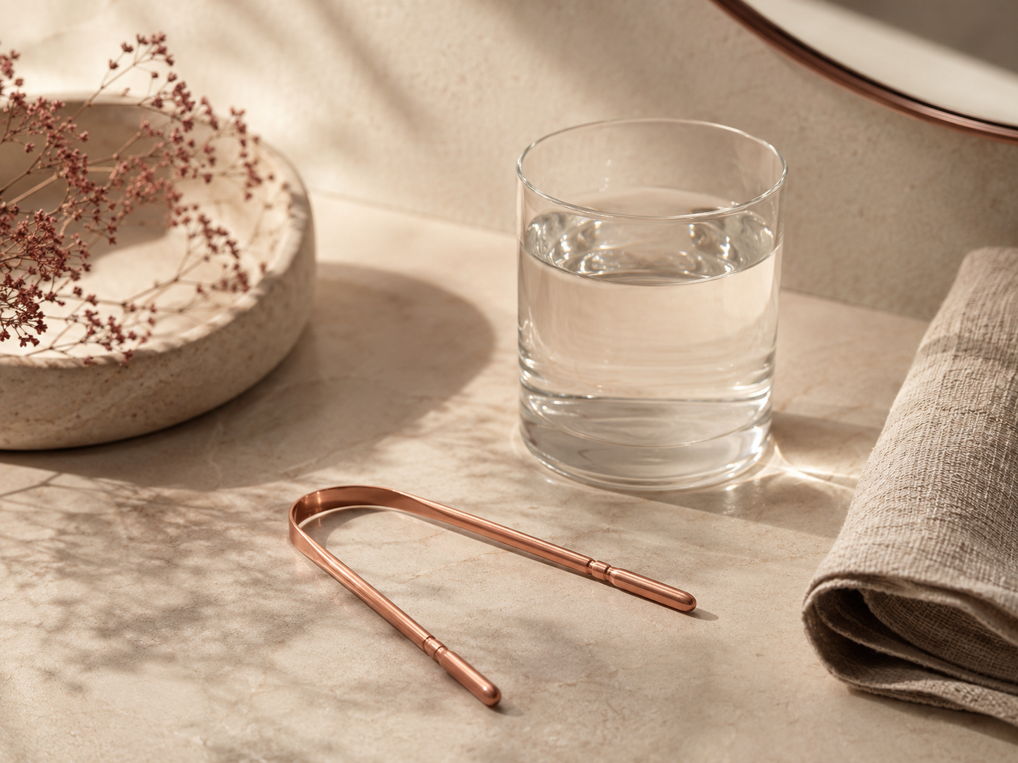 Copper tongue scraper beside water and a linen towel in morning light