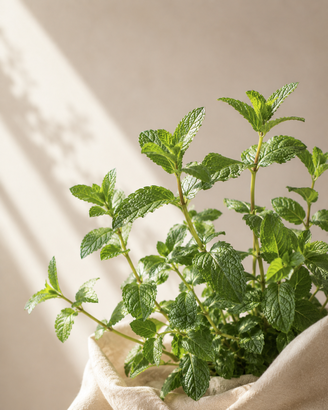 Peppermint plant with textured green leaves in warm sunlight