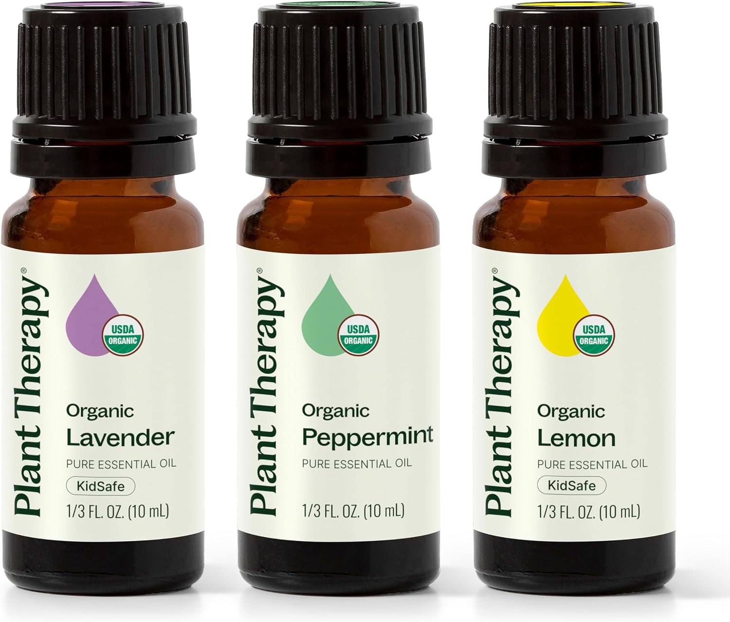Plant Therapy Organic Lavender, Peppermint, and Lemon essential oils