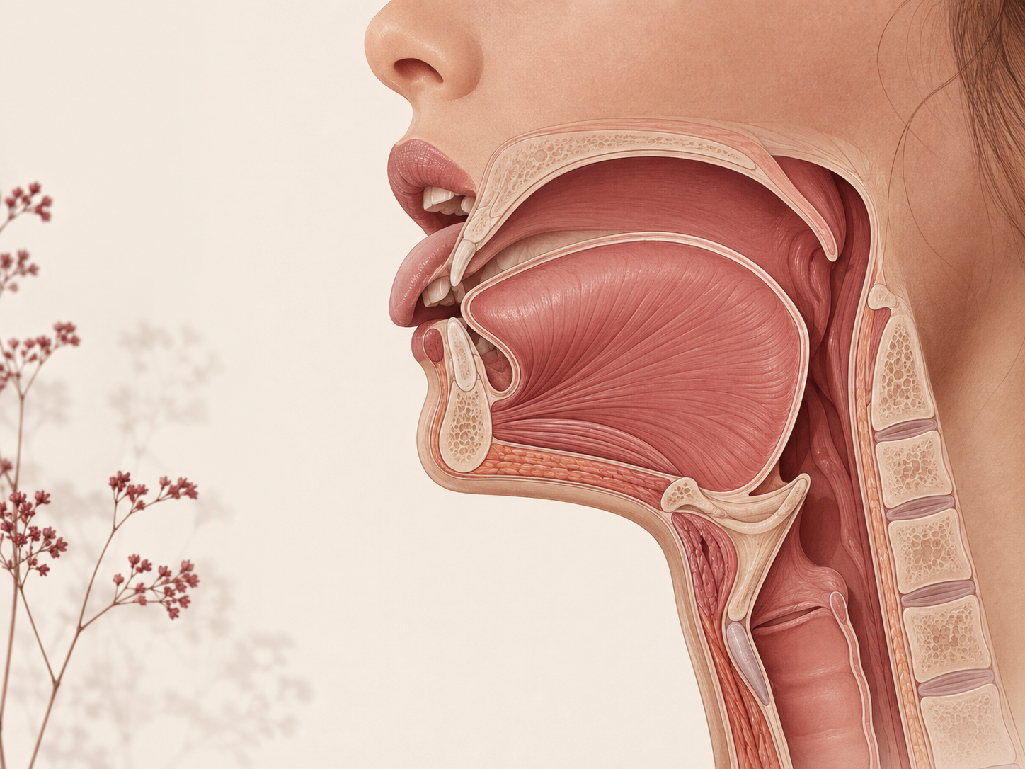 Side-view anatomical illustration showing tongue, palate, jaw, hyoid region, airway and cervical spine
