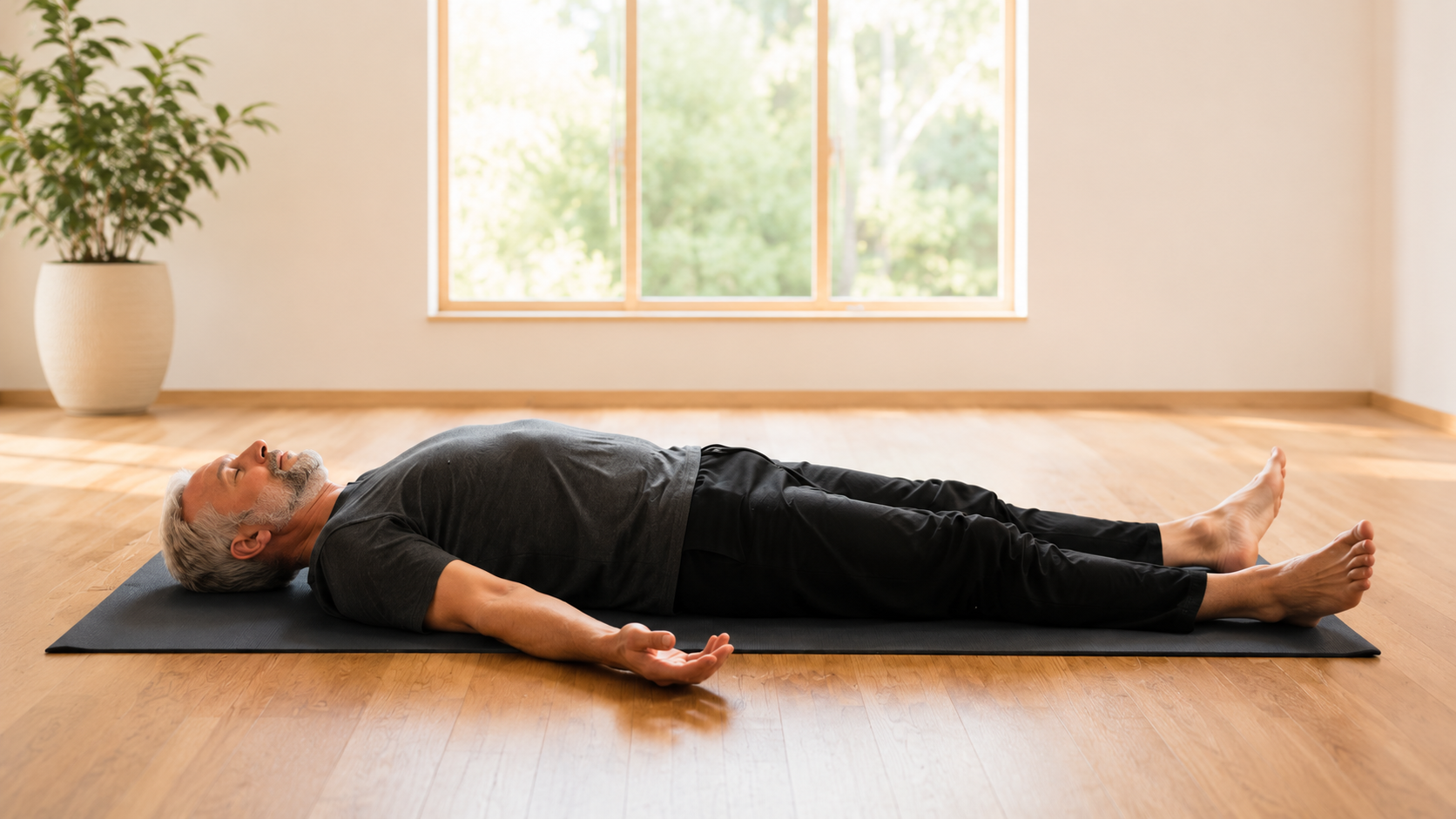 Stephen resting in Shavasana on a yoga mat in a bright sunlit room with hardwood floors.
